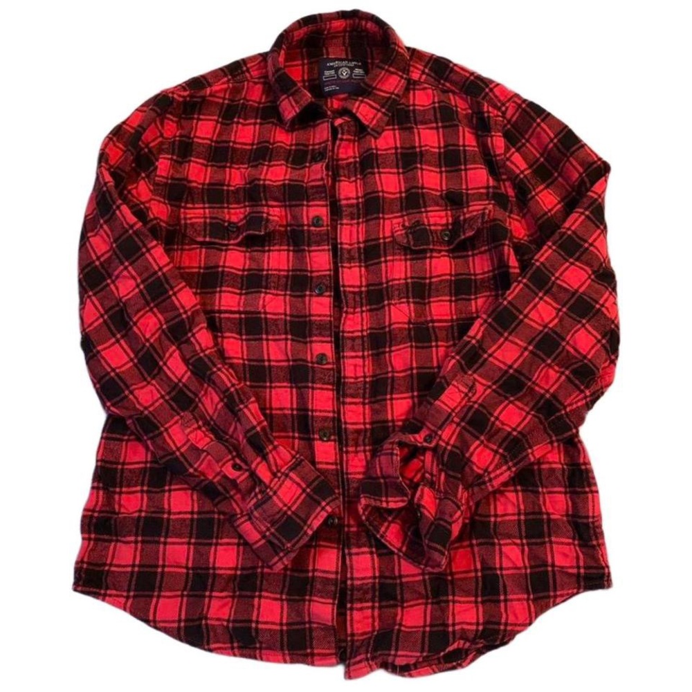 American Eagle Red Black Plaid Flannel Shirt Mens Medium Button Down Cotton